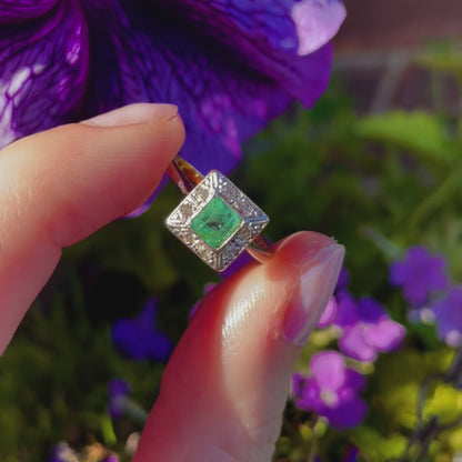 Antique Emerald & Old European Cut Diamond Cluster Ring