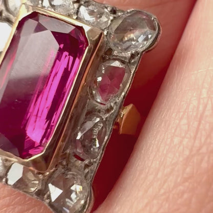 Antique 18ct Yellow Gold Ruby & Rose Cut Diamond Panel Ring