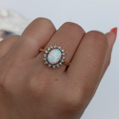 1976 Vintage Opal & Diamond Cluster Ring