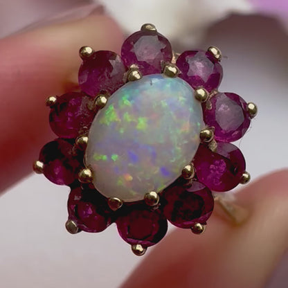 c1980's Vintage Opal & Garnet Floral Cluster Ring