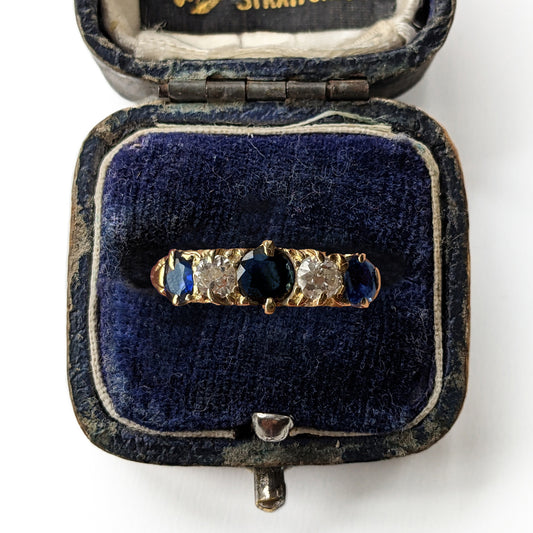 Antique 18ct Yellow Gold Sapphire & Old Cut Diamond Five Stone Ring