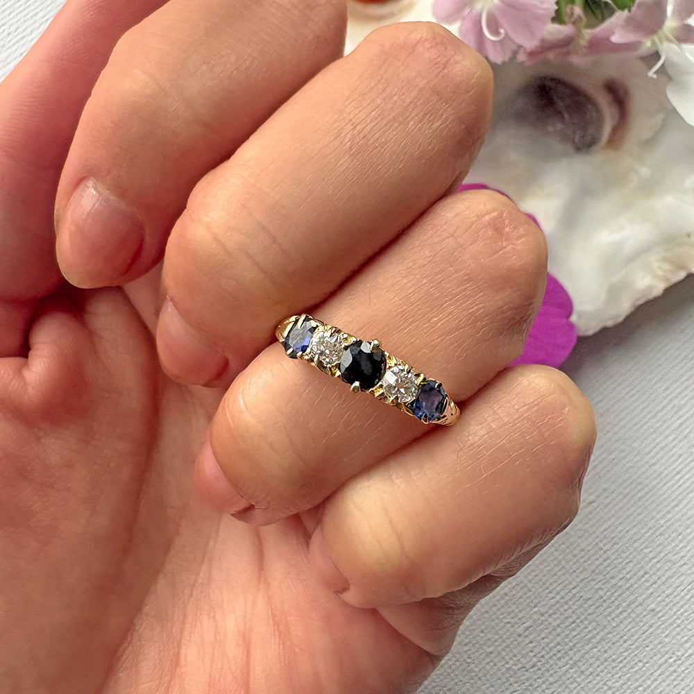Antique 18ct Yellow Gold Sapphire & Old Cut Diamond Five Stone Ring