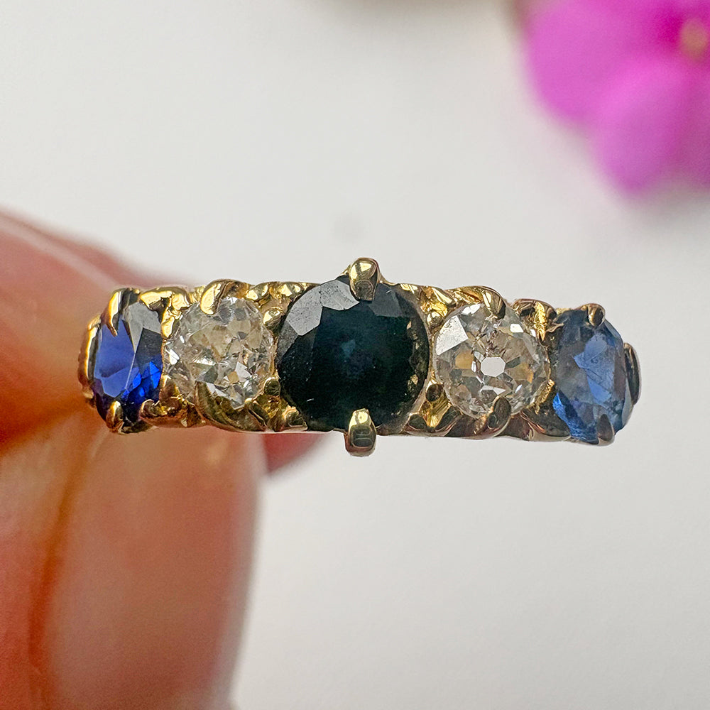 Antique 18ct Yellow Gold Sapphire & Old Cut Diamond Five Stone Ring