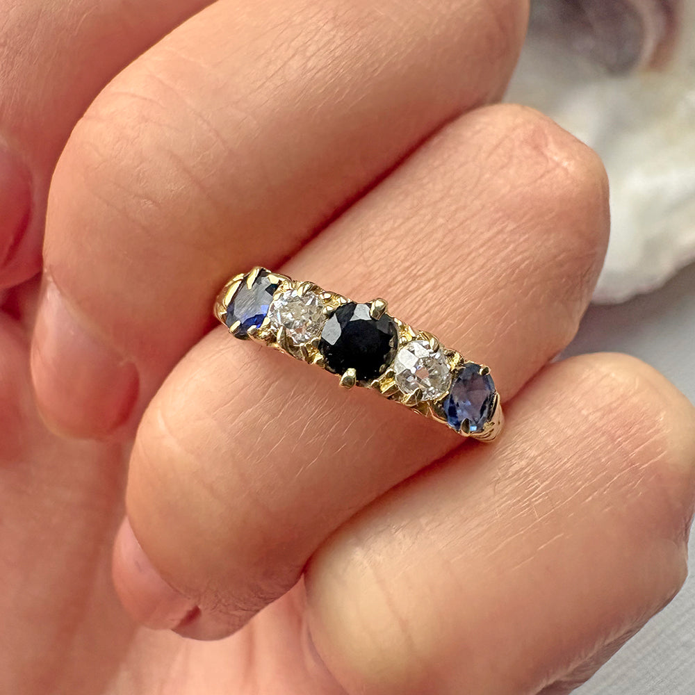 Antique 18ct Yellow Gold Sapphire & Old Cut Diamond Five Stone Ring