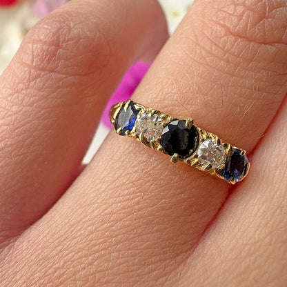 Antique 18ct Yellow Gold Sapphire & Old Cut Diamond Five Stone Ring