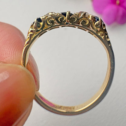 Antique 18ct Yellow Gold Sapphire & Old Cut Diamond Five Stone Ring