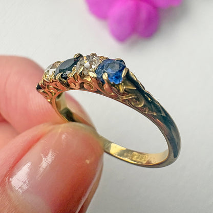 Antique 18ct Yellow Gold Sapphire & Old Cut Diamond Five Stone Ring