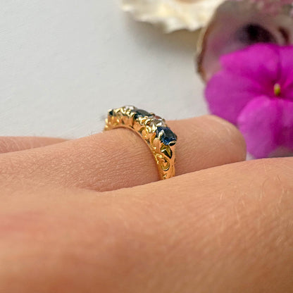 Antique 18ct Yellow Gold Sapphire & Old Cut Diamond Five Stone Ring