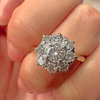 Vintage 18ct Yellow Gold 1ct Diamond Floral Cluster Ring