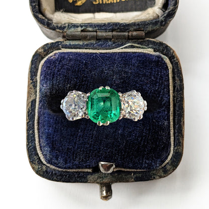 Antique Platinum 1ct Emerald & 0.50ct Diamond Trilogy Ring