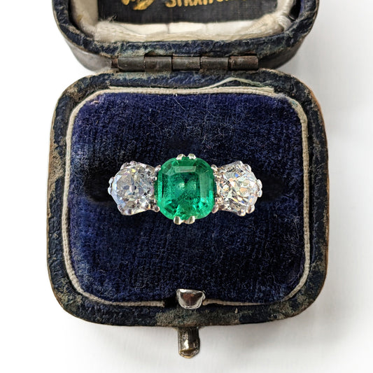 Antique Platinum 1ct Emerald & 0.50ct Diamond Trilogy Ring