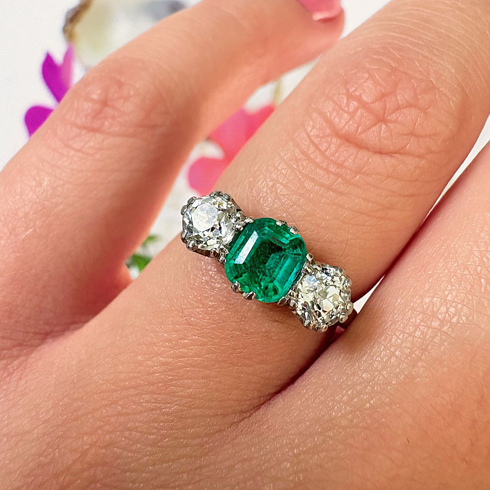 Antique Platinum 1ct Emerald & 0.50ct Diamond Trilogy Ring
