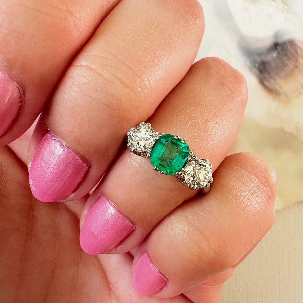 Antique Platinum 1ct Emerald & 0.50ct Diamond Trilogy Ring
