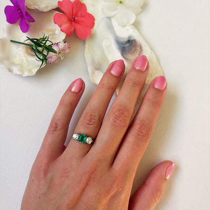 Antique Platinum 1ct Emerald & 0.50ct Diamond Trilogy Ring