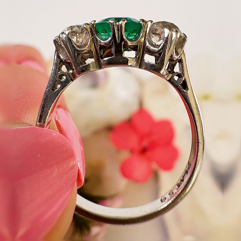Antique Platinum 1ct Emerald & 0.50ct Diamond Trilogy Ring