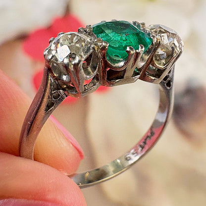 Antique Platinum 1ct Emerald & 0.50ct Diamond Trilogy Ring