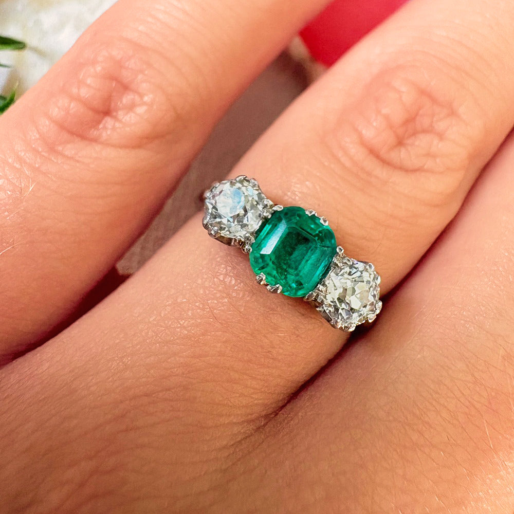 Antique Platinum 1ct Emerald & 0.50ct Diamond Trilogy Ring