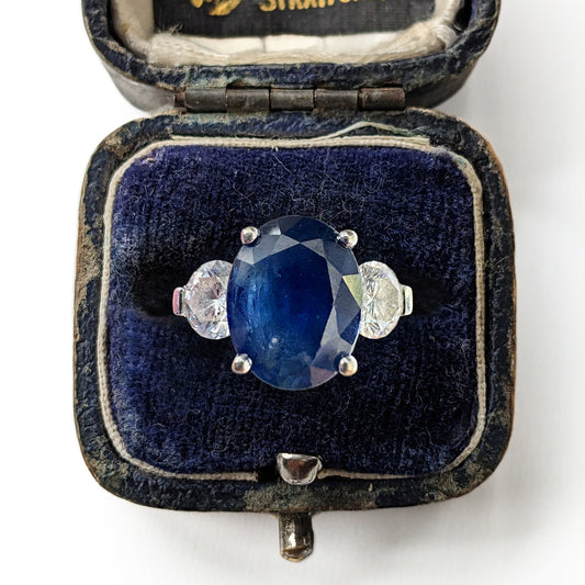 Vintage 18ct White Gold 2.2ct Sapphire & 0.66ct Diamond Trilogy Ring